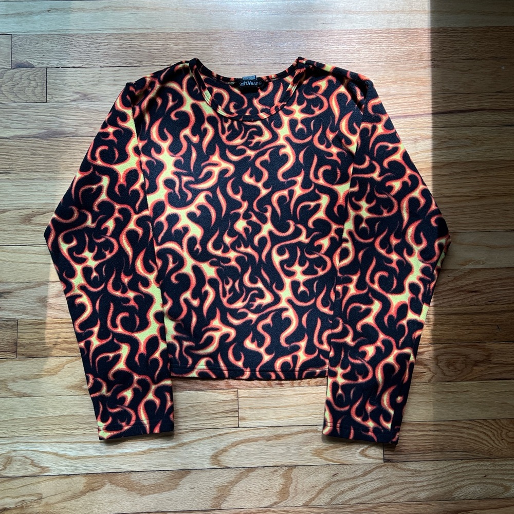 Medium Size Women's Flame Print Top by SoftWear - Black and Orange